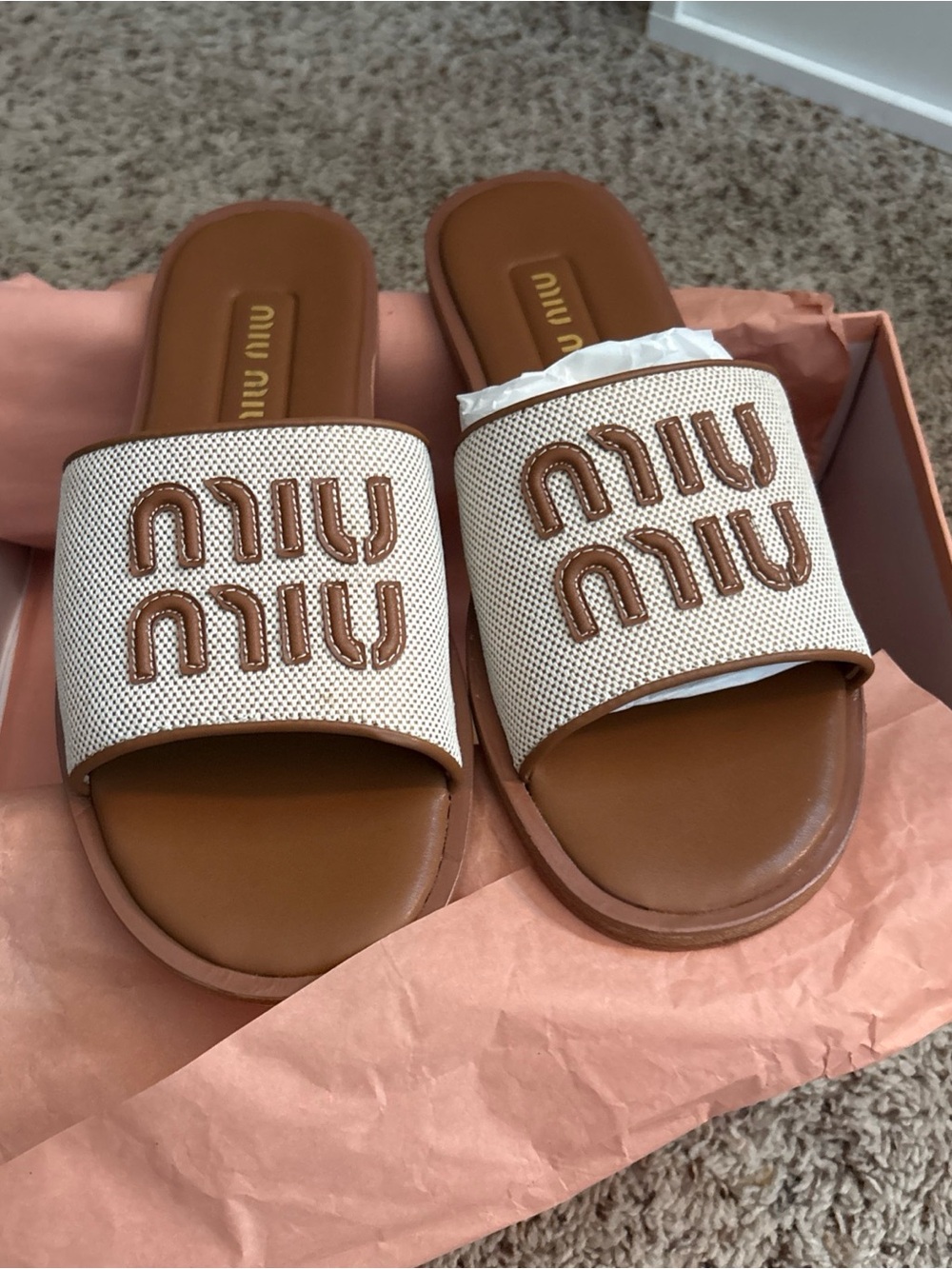 Miu Miu Tan Leather & Cream Fabric Slide Sandals